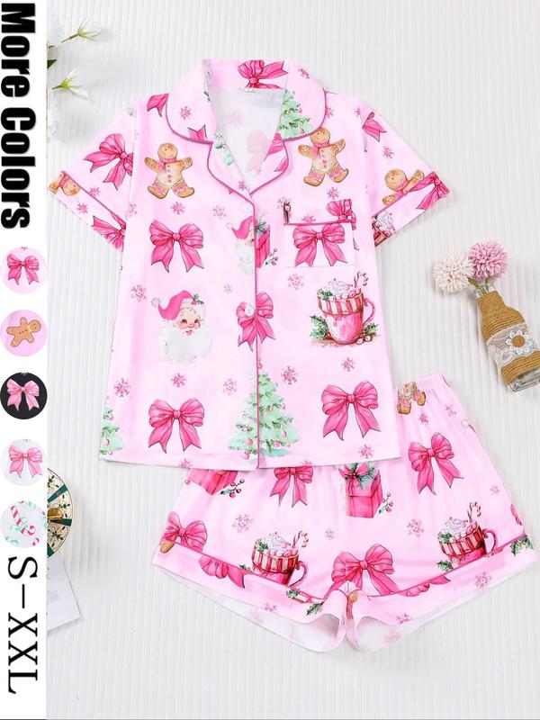 Women's Christmas Pajama Set, Santa Cookie Print, Short Sleeve Button-up Top & Elastic Shorts, Casual All-season Sleepwear, Christmas Pyjamas, Loungewear