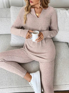 2pcs/Set Women's Casual  Plush Rib-Knit Long Sleeve T-Shirt And Leggings Suit, Autumn/Winter