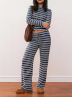 Women's Casual Colorblock Striped Long Sleeve Top & Loose-Fit Pants Set, Perfect for Holidays, Commuting, Daily Wear