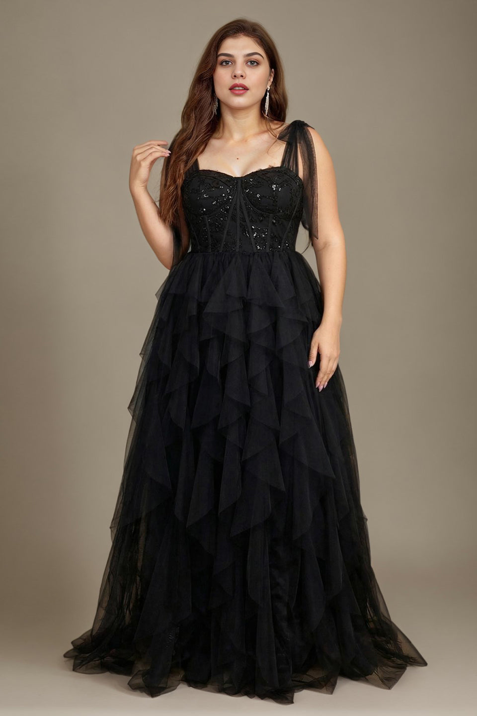 Curveins Plus Size V Neck Cami Tulle Overlay Sequin Patchwork Flattering Maxi Dress