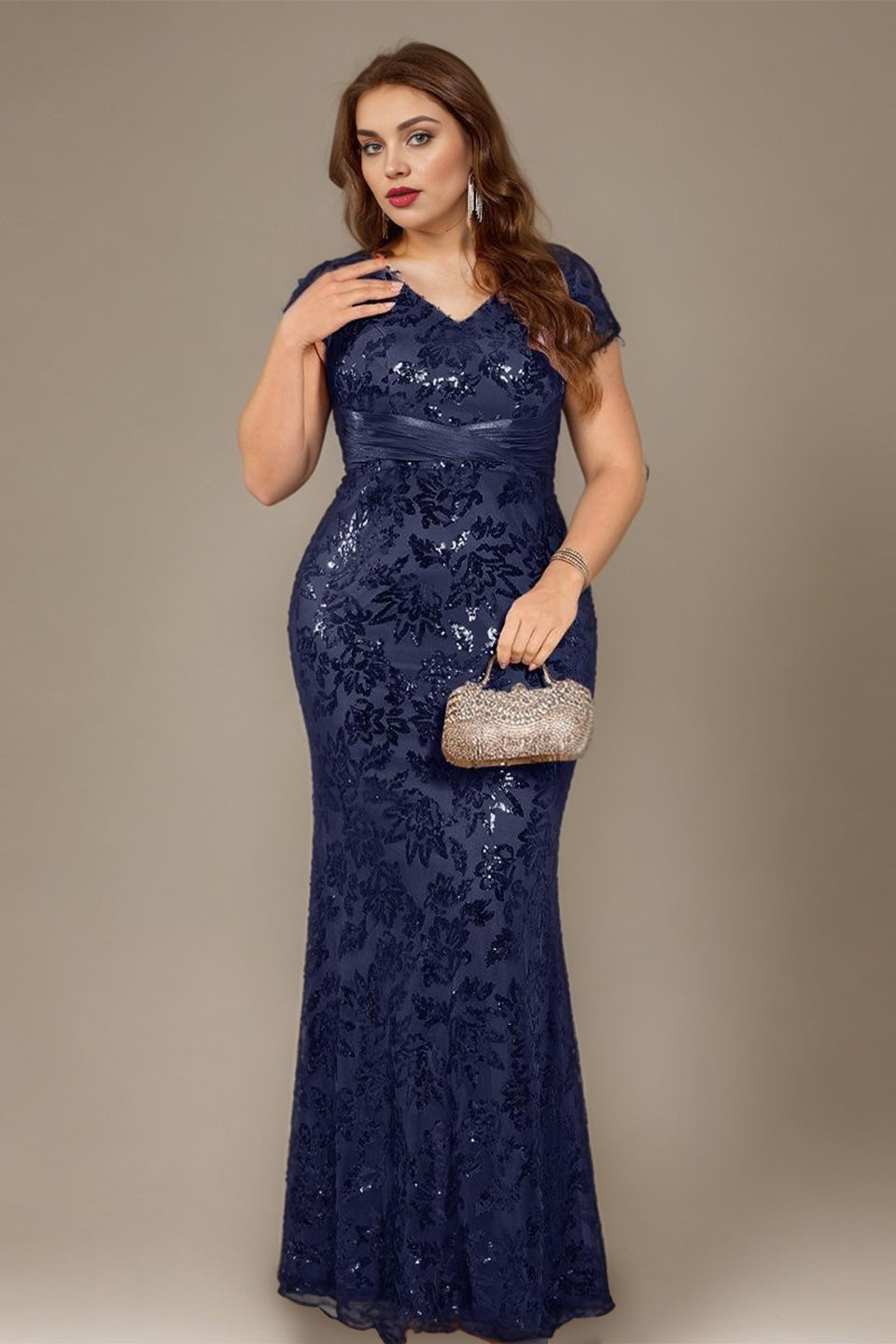 Curveins Plus Size V Neck Ruched Cross Front Sequin Mermaid Bodycon Maxi Dress