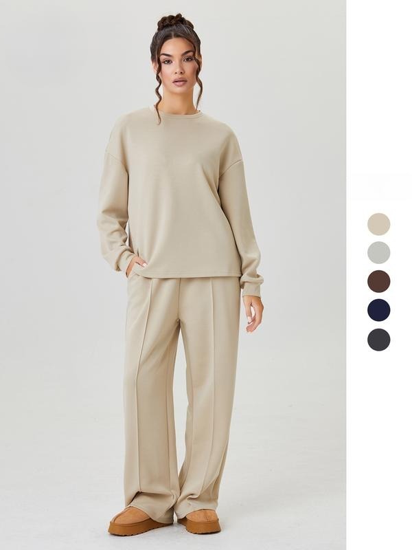 Women's Casual Solid Color Loose Long Sleeve Top & Exposed Stitches Trousers Co-ord