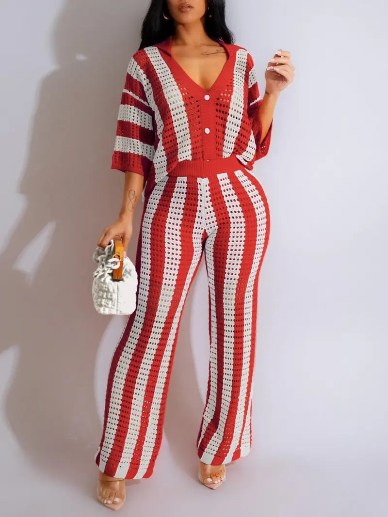 Women's Color-Block Striped Cutout Button-Front Top & Wide-Leg Pants Two-Piece Set