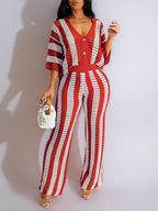 Women's Color-Block Striped Cutout Button-Front Top & Wide-Leg Pants Two-Piece Set