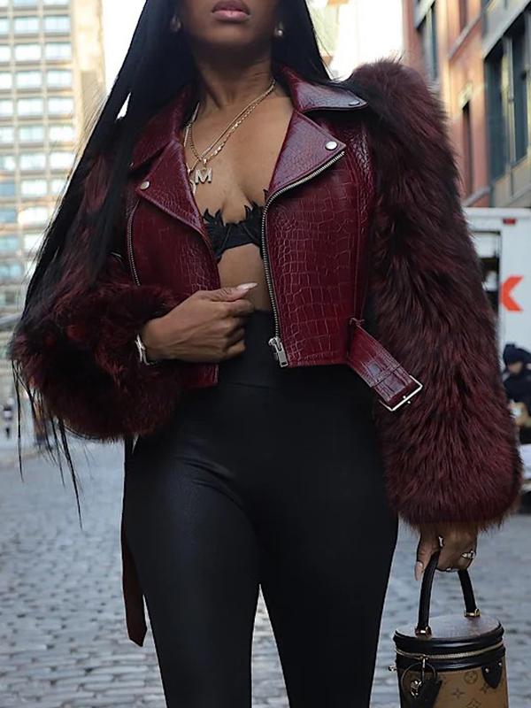 Women's Patchwork Fur Jacket, Crocodile Texture Sleeves, Zipper Design, Casual Biker Style, All Seasons Wear, Stylish & Luxurious Look