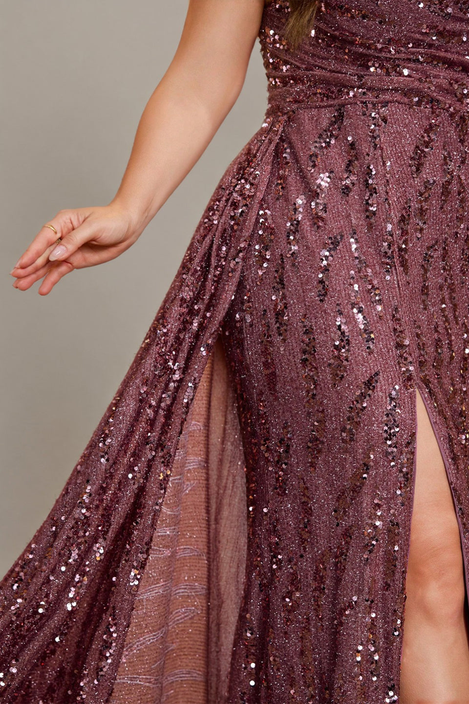 Curveins Plus Size V Neck Side Slit Spaghetti Strap Sequin Fitted Maxi Dress