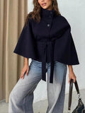 Women's Plain Front Buckle Belted Woolen Cape Coat, Casual Fall & Winter Outerwear, Stylish Daily Wear for Dating, Jackets