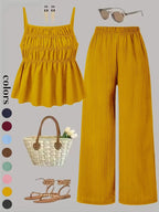 Two-Piece Set Women's Solid Color Cami Top & Wide Leg Pants Set