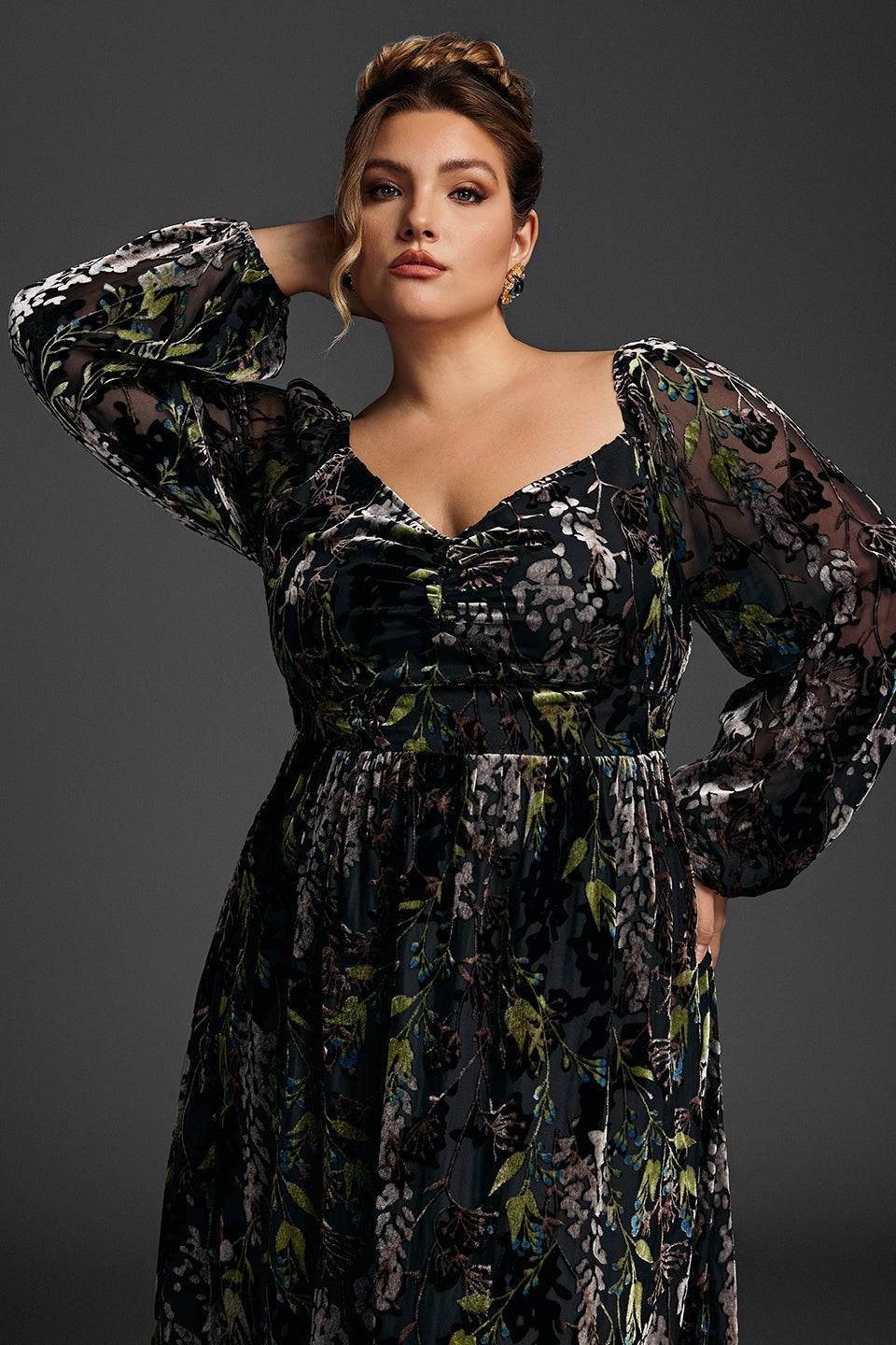 Plus Size Floral Velvet Draped Collar Long Dress