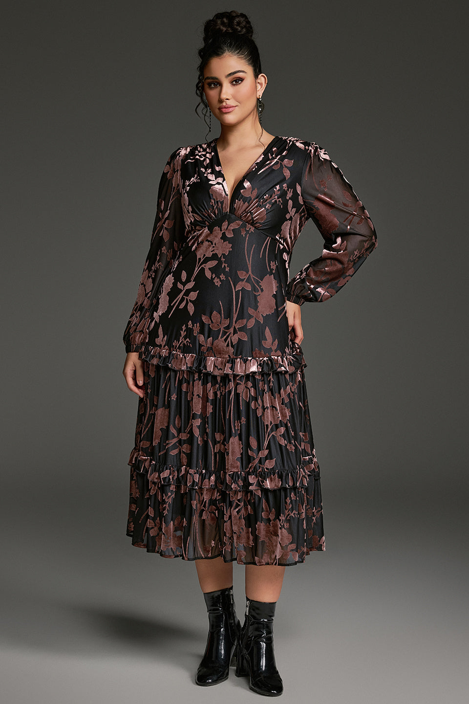 Curveins Plus Size Velvet V-Neck Lantern Sleeve Tiered Midi Dress