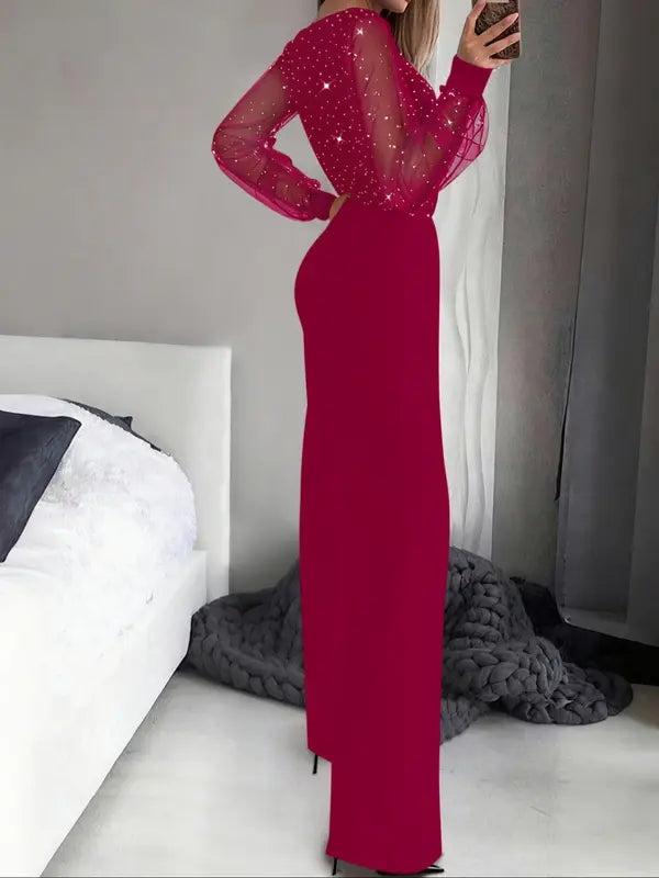 Women's fashionable and sexy black mesh sequin patchwork deep V-neck long-sleeved one-piece slimming wide-leg trousers, suitable for spring and autumn
