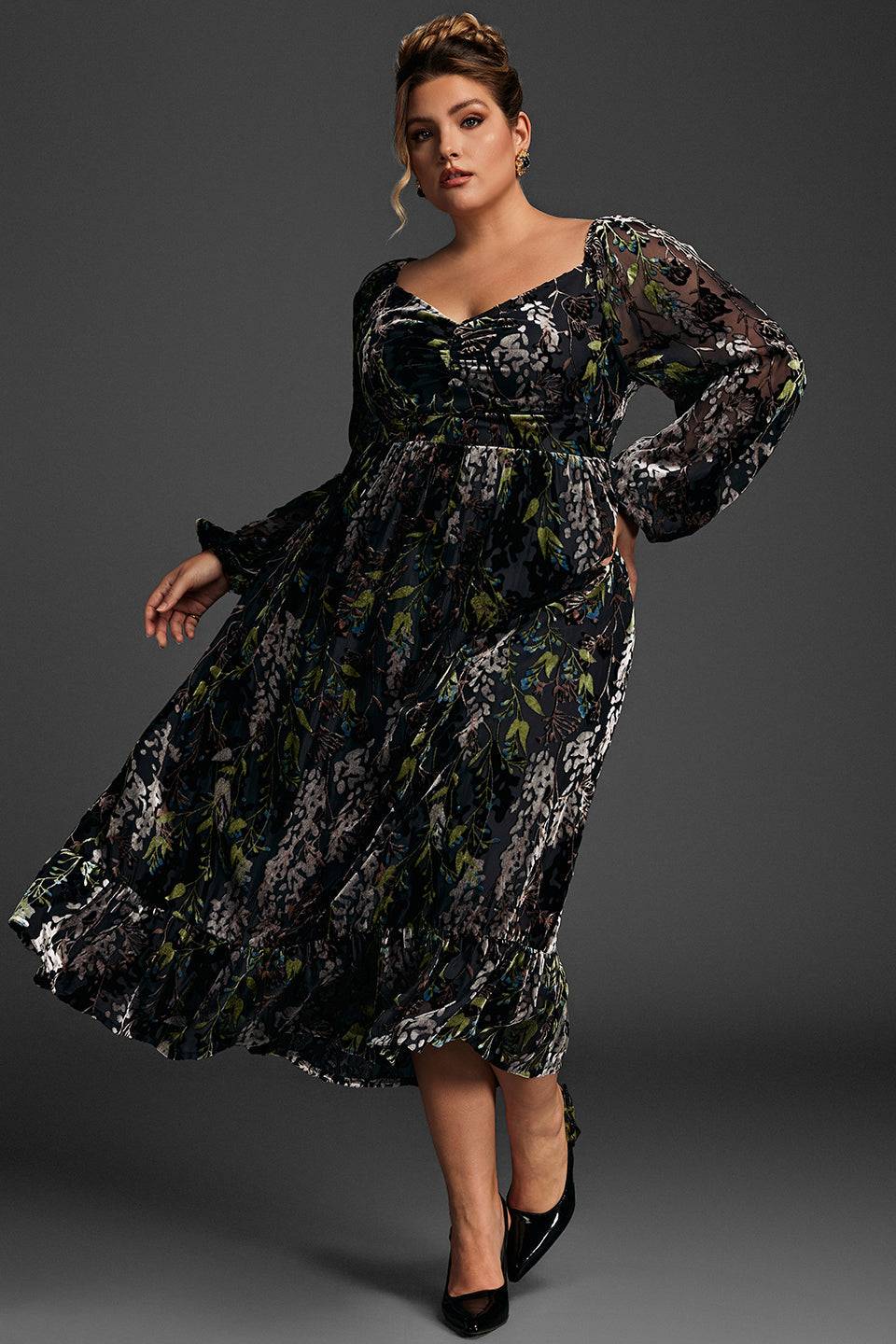 Plus Size Floral Velvet Draped Collar Long Dress