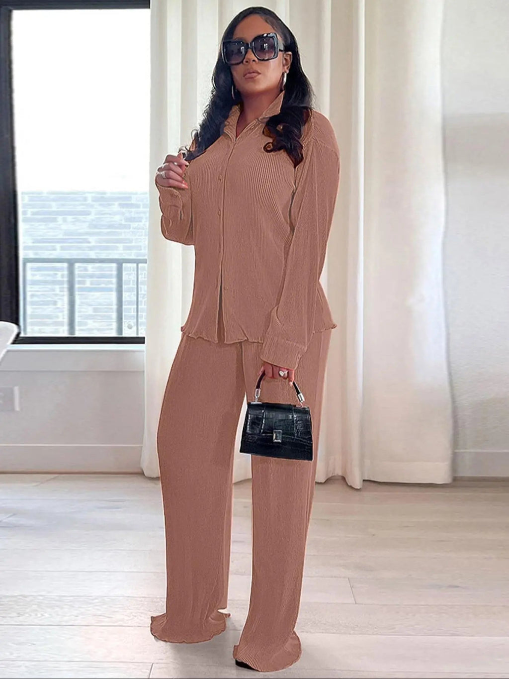 Women's Solid Button Front Shirt & Elastic Waist Pants Two-piece Set