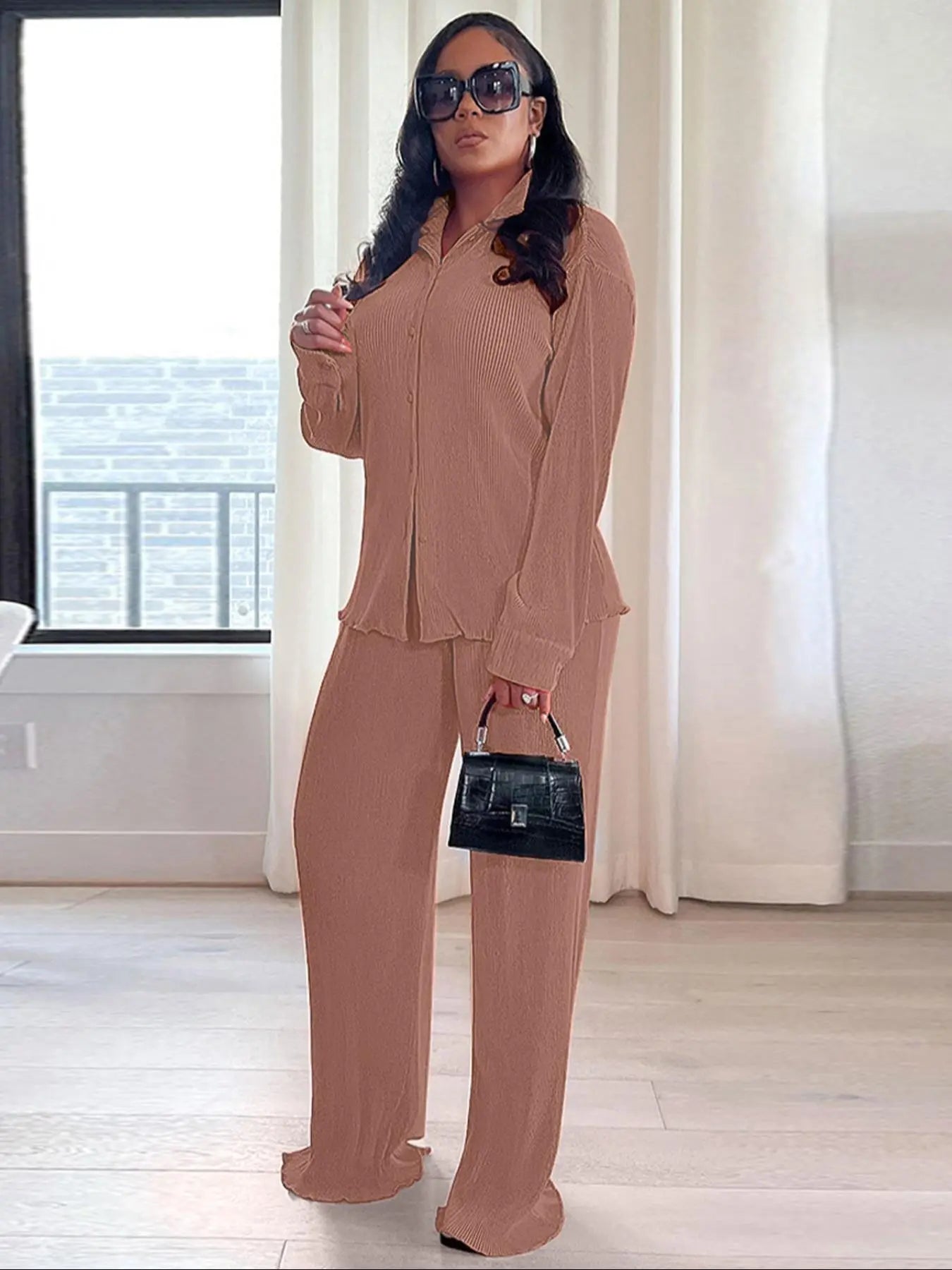 Women's Solid Button Front Shirt & Elastic Waist Pants Two-piece Set