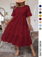 [Plus Size] Solid Eyelet Embroidery Dress, Boho-Style Round-Neck Dress for Vacation and Everyday Wear – Women's Summer Clothing