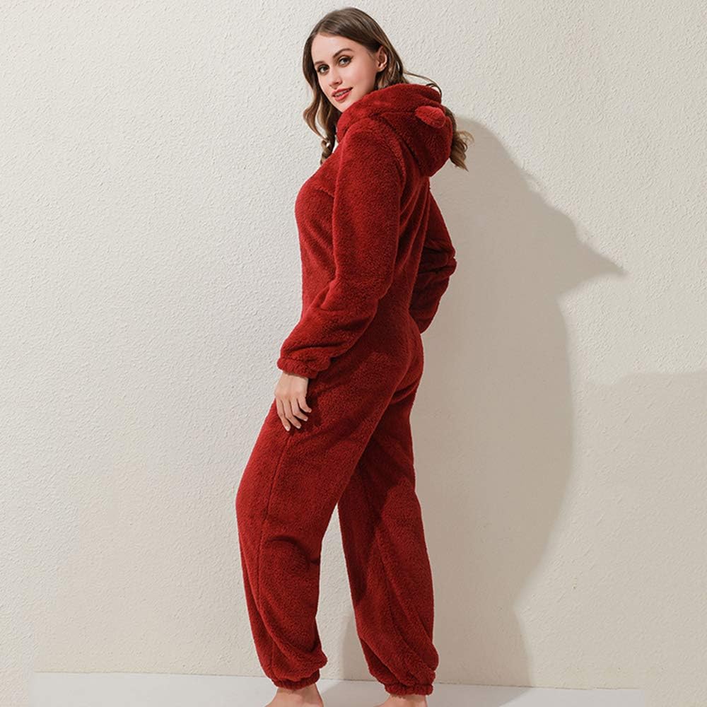 Womens Fleece Onesies Pajamas Jumpsuit Warm Sherpa Romper Sleepwear One Piece Zipper Hooded Playsuit Loungewear