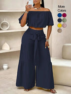 Women's solid-color wide-leg pant set, casual off-shoulder top and palazzo pants for summer, beach vacation wear for women.
