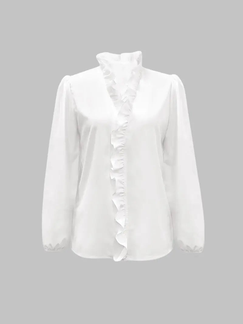 Women's Elegant V Neck Blouse with Ruffles, Loose-Fit Woven Shirt for All Seasons, Plain Pattern Casual Top for Office Wear