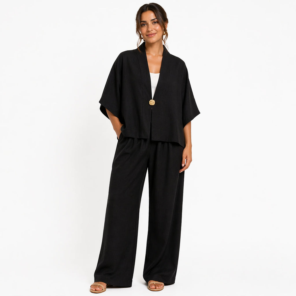 Ensemble femme oversize fluide 2 pièces – Kimono manches larges & pantalon taille élastique – Look chic confortableE
