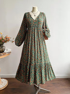 Plus Size Women's Floral Woven Dress, Fall Winter V Neck Tie Back Lace Trim Long Sleeve Maxi Dress, Casual Elegant Fashion