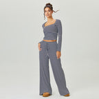 Women's Slouchy Square Neck Stripe Long Sleeve Crop Top & Low-Rise Wide Leg Trousers Co-ord, Minimalist Two Piece Outfits, Cozy Womenswear