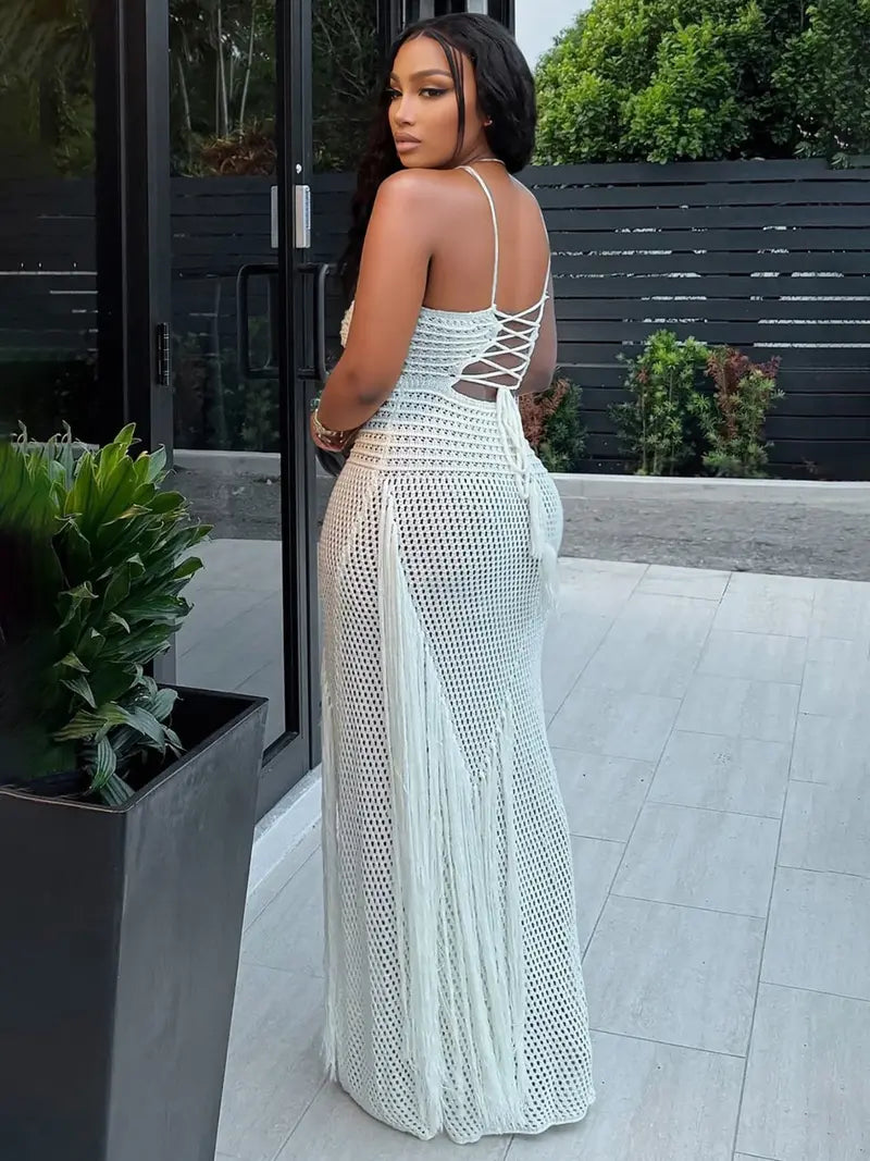 Women's crochet knit maxi dress with fringe, sexy cutout, open back, bohemian style; perfect for beach parties, summer vacations, and resort wear.
