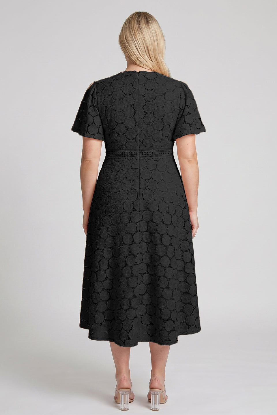 Curveins Plus Size Lace Hollow Detail Round Neck Short Sleeve Waist Defining Midi Dress