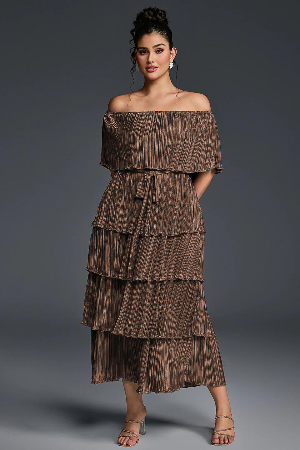 Curveins Plus Size Off-Shoulder Pleated Tiered Maxi Dress