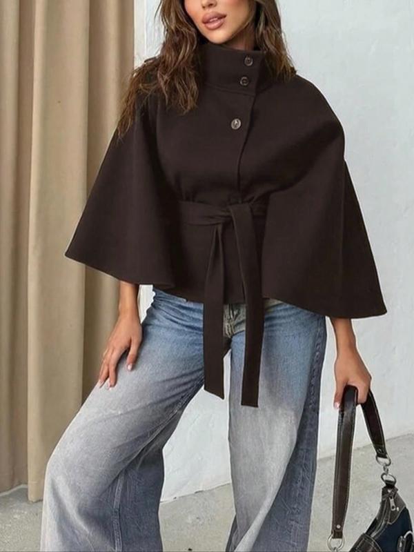 Women's Plain Front Buckle Belted Woolen Cape Coat, Casual Fall & Winter Outerwear, Stylish Daily Wear for Dating, Jackets
