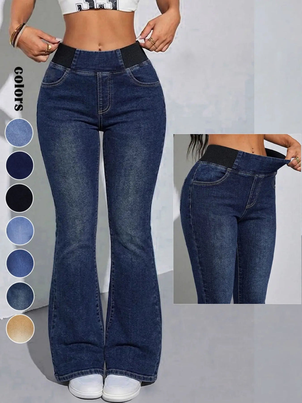 Y2K 2026 Women's Back Shirred Jeans,Mid-Rise Elasticity Waist Flared Jeans,With Pockets,Light Blue Washing Process,Women's Bell-Bottoms Wide-Leg Jeans,Waist - Cinching Design
