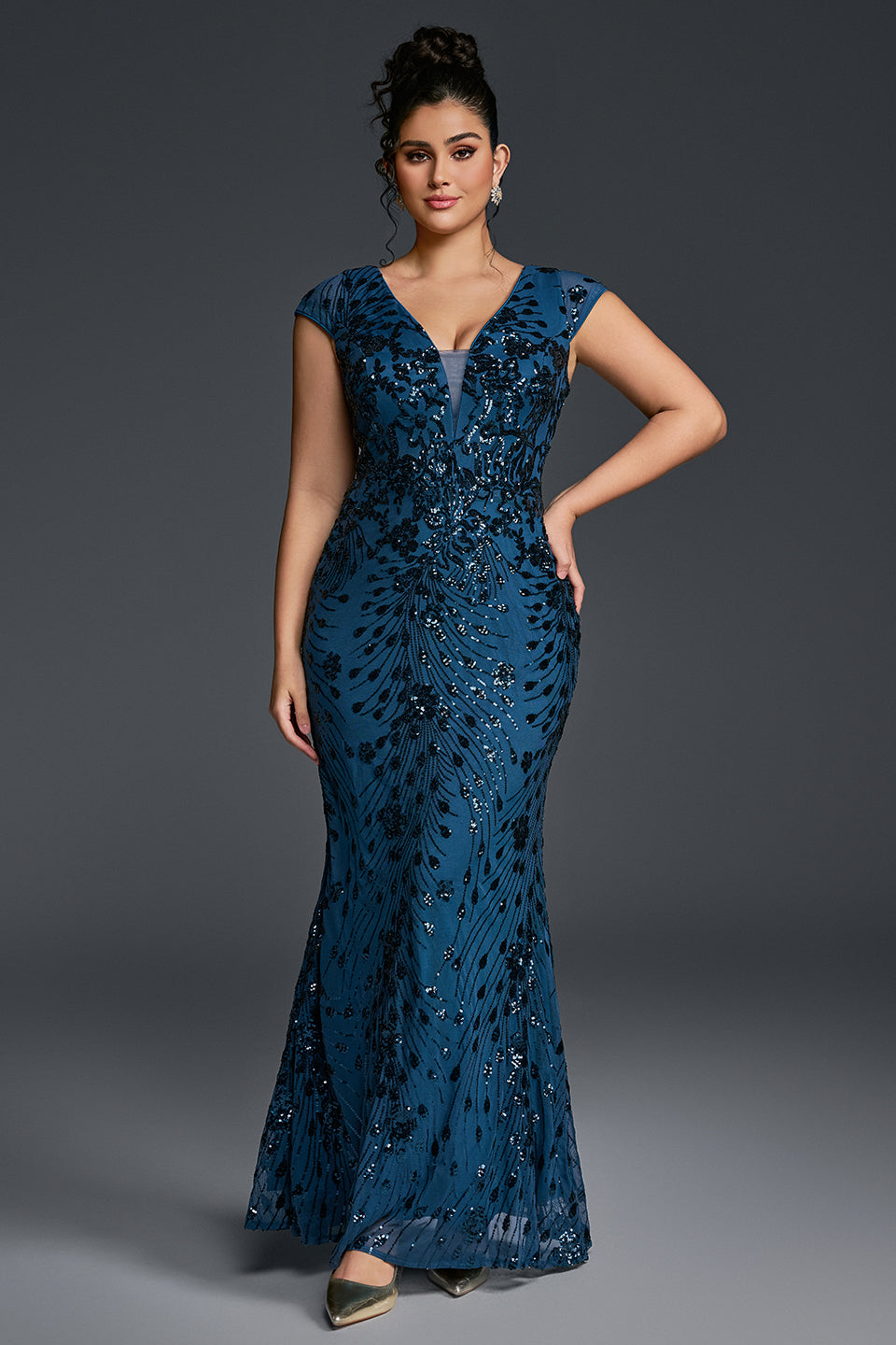 Curveins Plus Size V-neck and Waist Cinch Sequin Maxi Dress