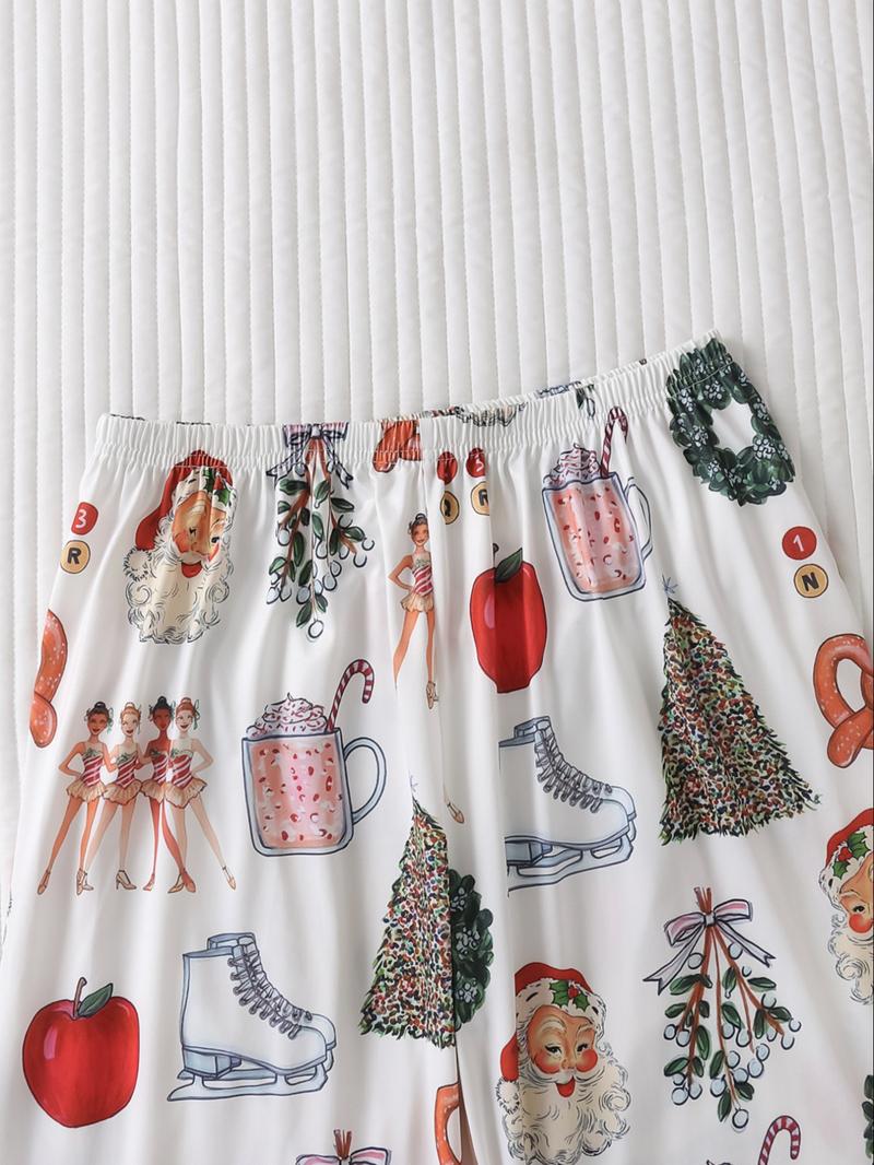 Women's Christmas Pajama Set, Lapel Button Long Sleeve Top & Loose Comfortable Pants, Casual All-Over Print Sleepwear