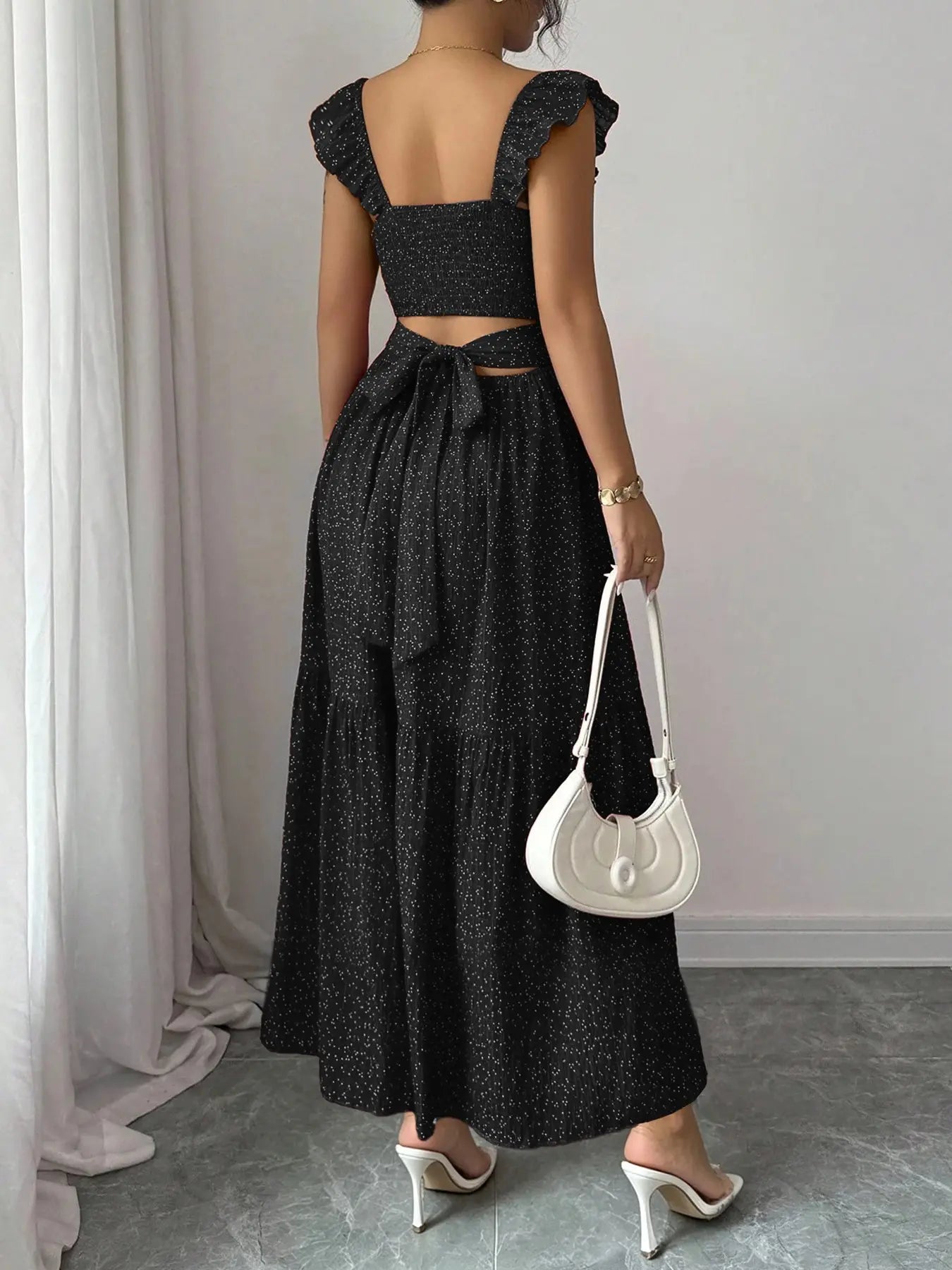1 Piece Spring & Summer Ruffled Square Neck Polka Dot Maxi Dress