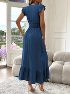 Women's Plain Shirred V Neck Dress, Elegant Fashion Casual Long Dress for Daily Outdoor Wear, Women's Dress for Summer