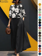 Women's Top & Wide Leg Pants Two-piece Set, Casual Fashion Minimalist Cozy Three Quarter Length Sleeve Top & Trousers for Daily Outdoor Wear, Ladies Clothes for All Seasons, Womenswear