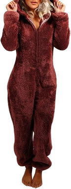 Womens Fleece Onesies Pajamas Jumpsuit Warm Sherpa Romper Sleepwear One Piece Zipper Hooded Playsuit Loungewear