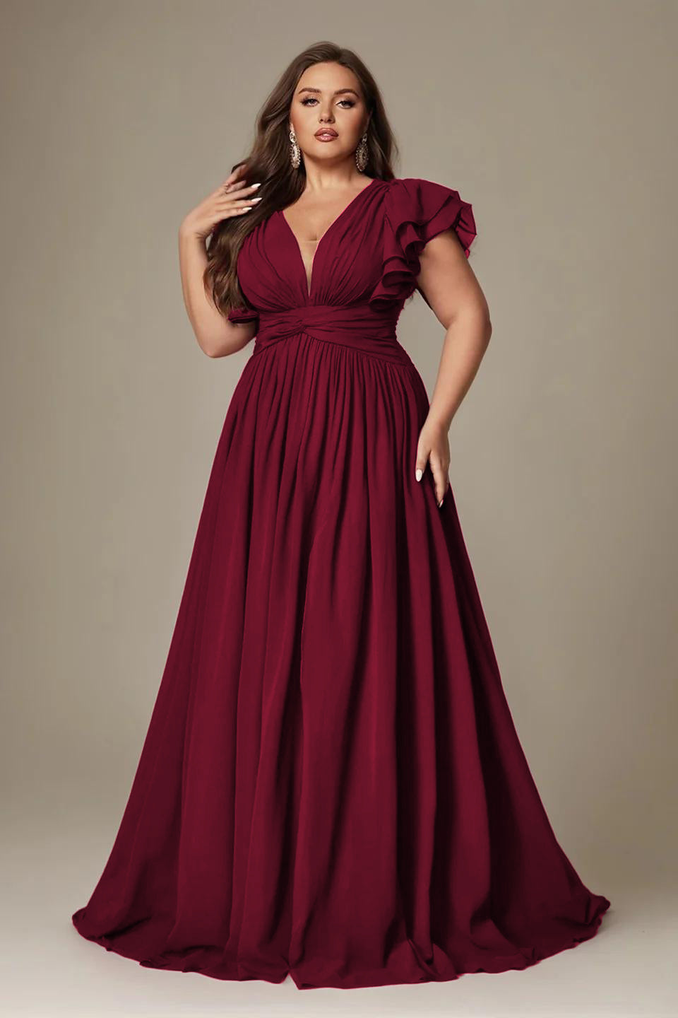 Curveins Plus Size V-Neck Ruffle Sleeve Split A-Line Maxi Dress