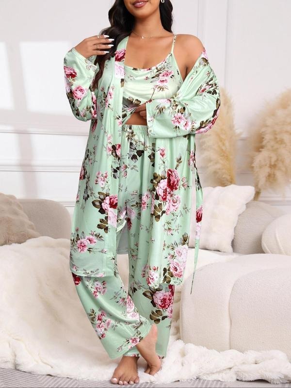[Plus Size] Three-Piece Set Floral Print Belted Lounge Robe & Cami Top & Elastic Waist Pants Pyjama Set