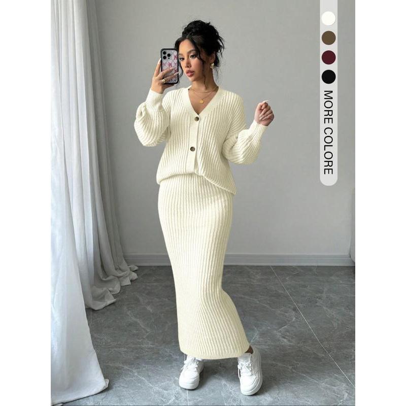 Women's Solid Button Front Sweater & Long Skirt Two-piece Set, Casual Drop Shoulder Long Sleeve Knit Top & High Waist Skirt for Daily Outdoor Wear, Women's Knitwear for Fall & Winter