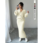 Women's Solid Button Front Sweater & Long Skirt Two-piece Set, Casual Drop Shoulder Long Sleeve Knit Top & High Waist Skirt for Daily Outdoor Wear, Women's Knitwear for Fall & Winter
