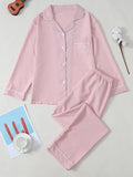 New Solid Color Lapel Long Sleeve Heart Embroidery Pj Sets for Women, Casual Style Sleepwear for Ladies, Comfortable Nightwear, Loungewear