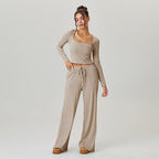 Women's Slouchy Square Neck Stripe Long Sleeve Crop Top & Low-Rise Wide Leg Trousers Co-ord, Minimalist Two Piece Outfits, Cozy Womenswear