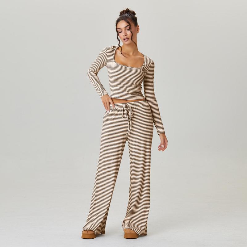 Women's Slouchy Square Neck Stripe Long Sleeve Crop Top & Low-Rise Wide Leg Trousers Co-ord, Minimalist Two Piece Outfits, Cozy Womenswear