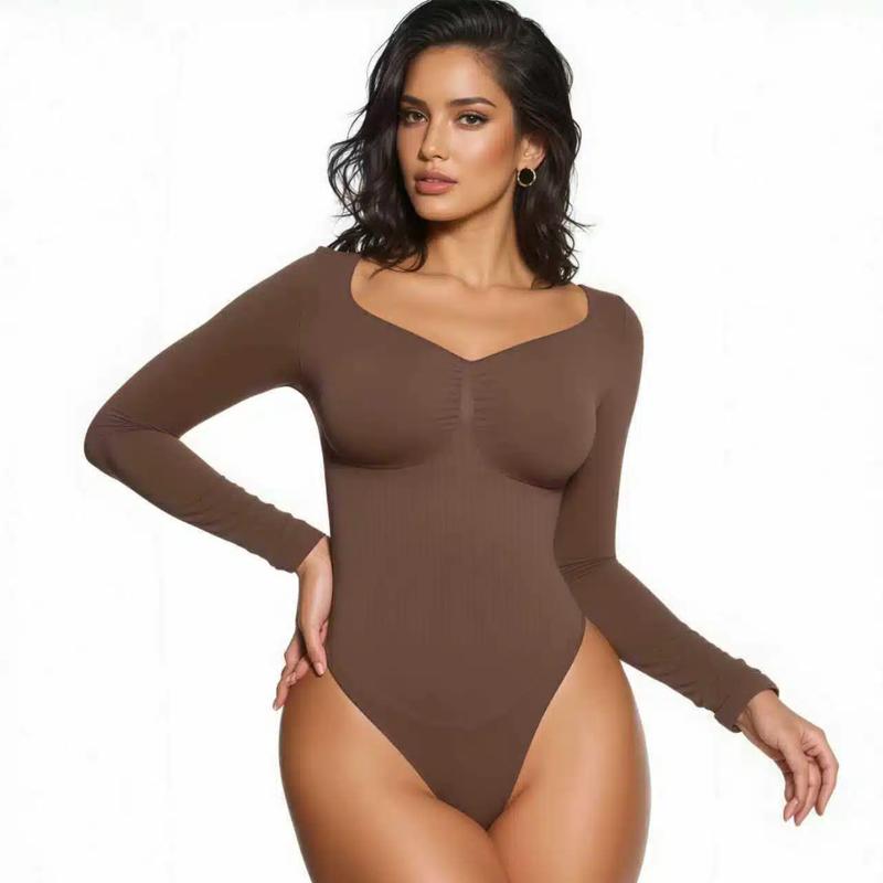 Women’s Seamless Shaping Bodysuit – Long Sleeve V-Neck Slim Fit Shapewear, Lightweight Sculpting Body Top, Perfect for Layering & Everyday Wear Light compression