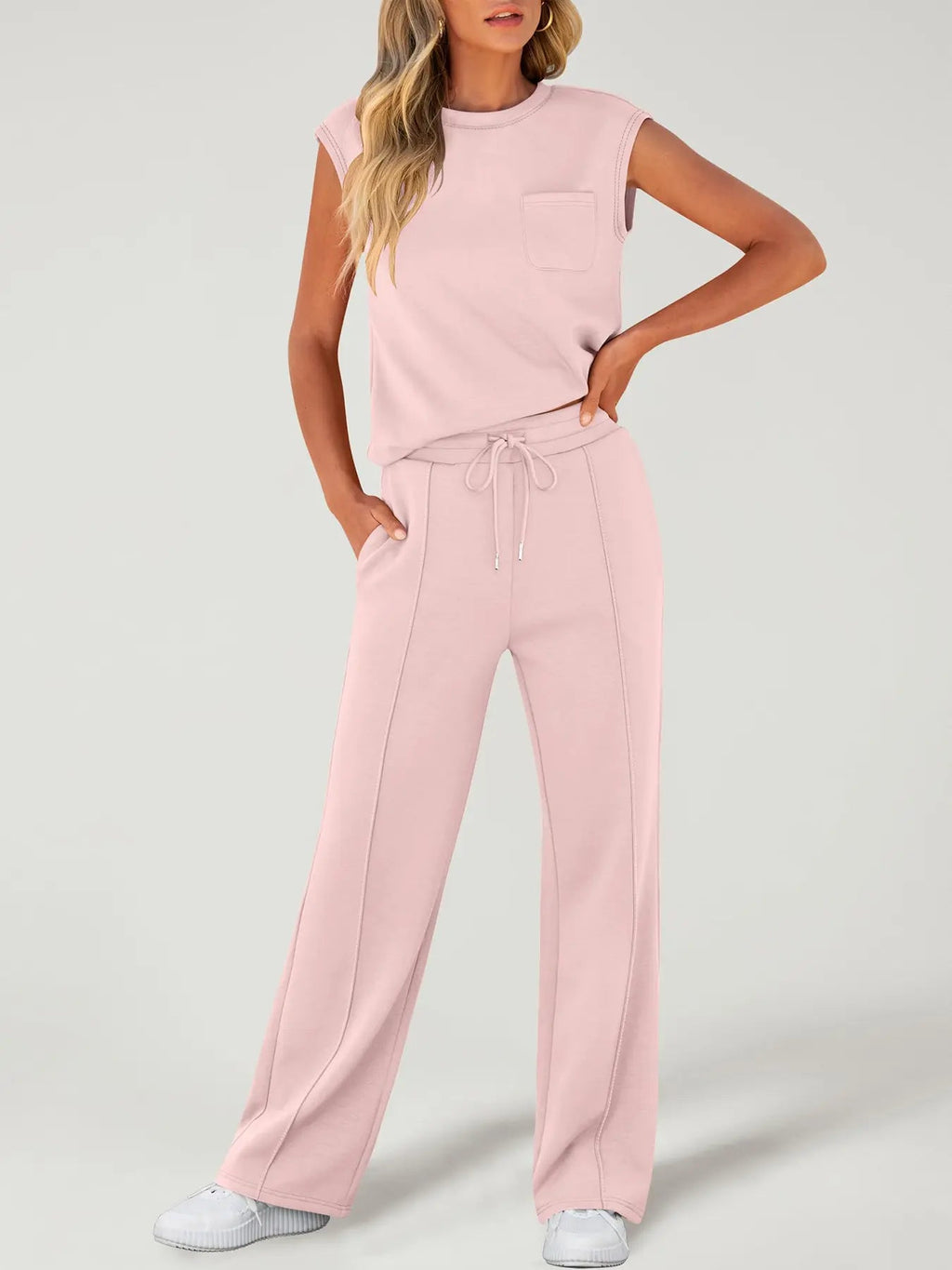 Women's Solid Tank Top & Drawstring Waist Pants Two-piece Set, Casual Sleeveless Round Neck Top & Trousers for Daily Wear, Ladies Two-piece Outfits for All Seasons