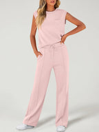 Women's Solid Tank Top & Drawstring Waist Pants Two-piece Set, Casual Sleeveless Round Neck Top & Trousers for Daily Wear, Ladies Two-piece Outfits for All Seasons