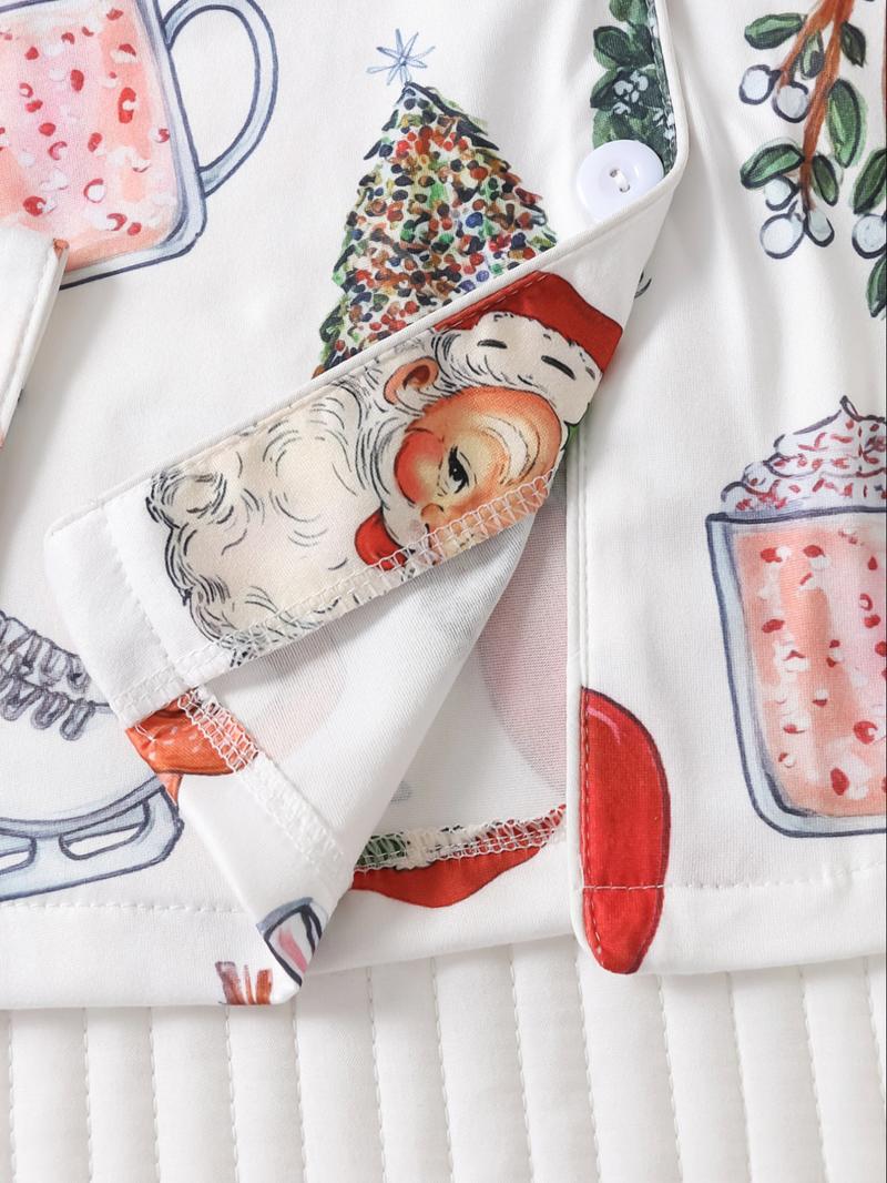 Women's Christmas Pajama Set, Lapel Button Long Sleeve Top & Loose Comfortable Pants, Casual All-Over Print Sleepwear