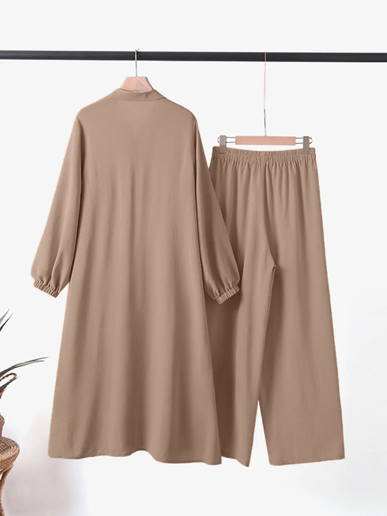 Two-Piece Set Women's Solid Color Asymmetrical Hem Button Front Longline Shirt & Wide Leg Pants, Casual Pocket Bishop Sleeve Collared Top & Elastic Waist Trousers for Fall & Winter, Women's Clothes for Daily Wear, Women's Outfit Sets