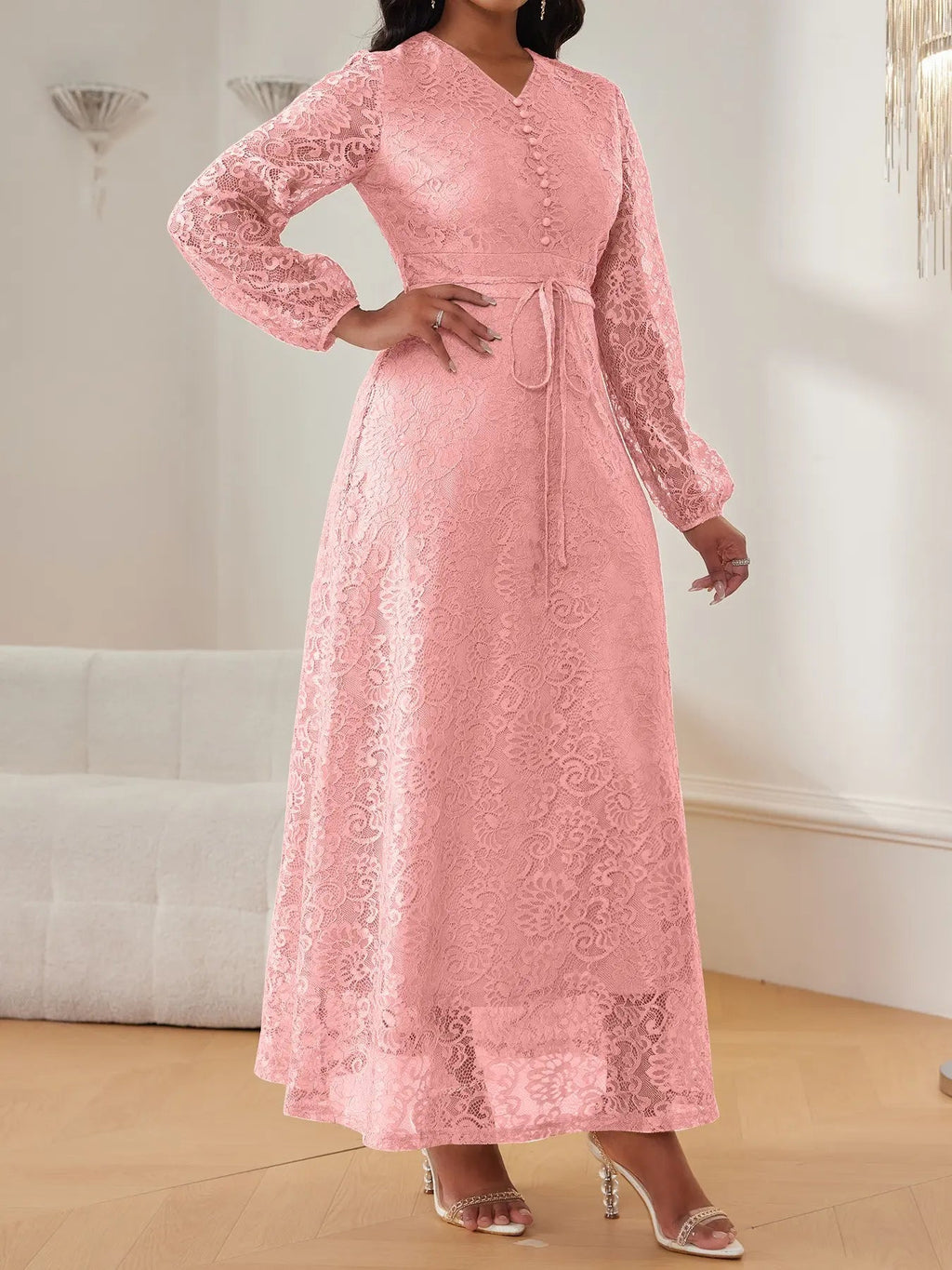 Women's Lace V-Neck Long Sleeve Dress, Elegant Chic Belted Waist, Slim Fit, Plain Color, Wedding Evening Formal Occasion, Spring & Fall