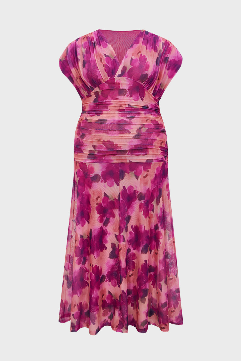 Curveins Plus Size V Neck Batwing Sleeve Cinched Waist Maxi Dress